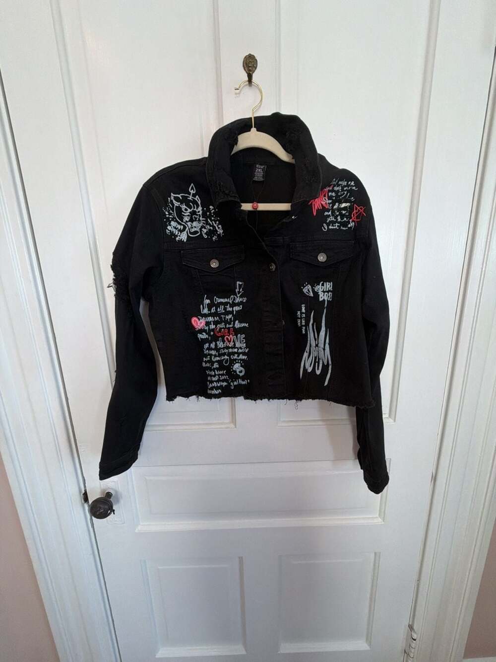 Redfox Black Graffiti Distressed Crop Jean Jacket 2XL